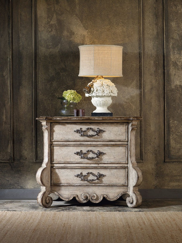Hooker Furniture Chatelet Paris Vintage Nightstand With Cedar-Lined Drawer, Wallpapered Top & Usb Power Hub Elegance 5350-90017