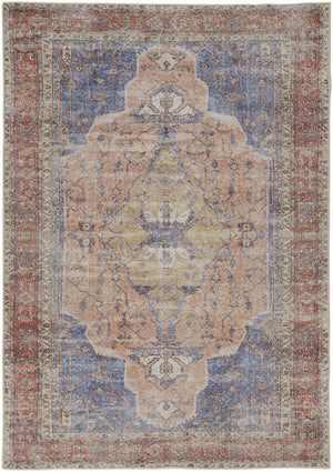 Feizy Rugs Percy Transitional Medallion Area Rug - Durable, Machine Washable, Stylishly Distressed Design For Any Space Red,Tan,Blue Polyester,Cotton,Viscose Prc39apfrstbluf71