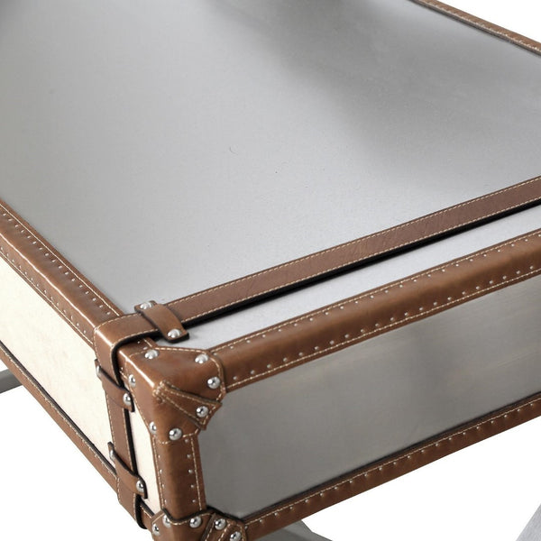 Pasargad Home Brookline Steel & Leather Writing Desk - Elegant, Durable Design For Modern Workspaces Brown Stainless Desk-0092
