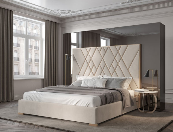 VIG Furniture Eldora Plush Beige Velvet Queen Bed With Brushed Brass Geometric Headboard & Slat Support System VGVCBD1900-19-Q