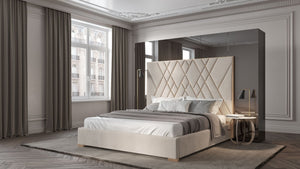 VIG Furniture Eldora Plush Beige Velvet Queen Bed With Brushed Brass Geometric Headboard & Slat Support System VGVCBD1900-19-Q