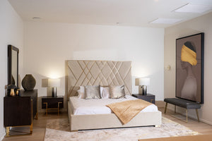VIG Furniture Eldora Plush Beige Velvet Queen Bed With Brushed Brass Geometric Headboard & Slat Support System VGVCBD1900-19-Q