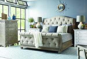 A.R.T. Furniture Summer Upholstered Bed In Distressed Shutter Blue With Plush Button Tufting And Rustic Charm Gray, Gray Flakey Cathedral Oak Veneer,Parawood Solids,Foam,Fabric 251126-1303