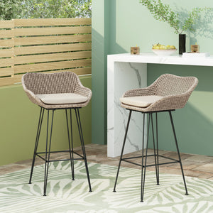 English Elm Pe Rattan Outdoor Bar Stools All Weather Woven Set with Cushioned Seats for Patio 71503.00MLBRN