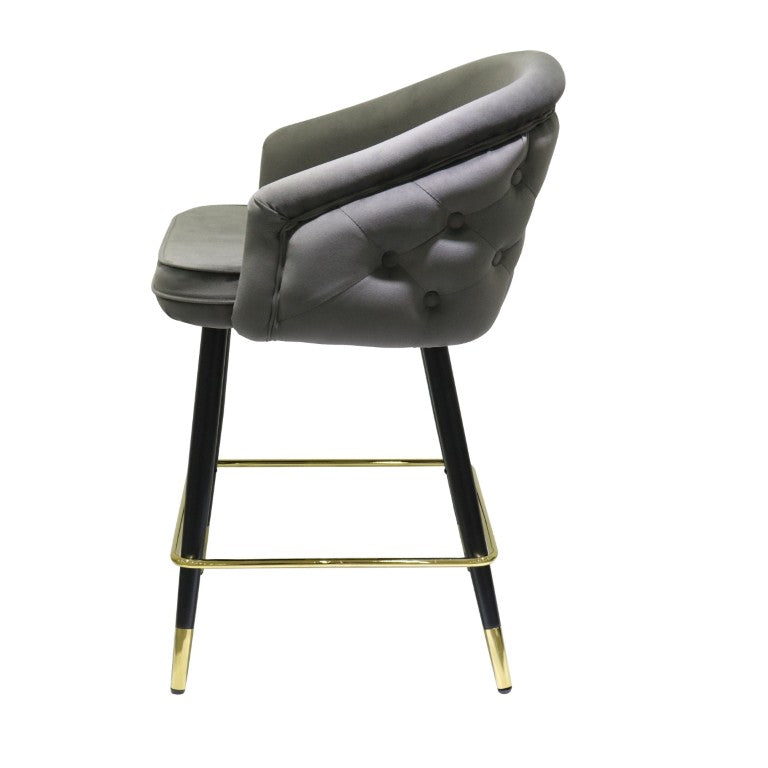 VIG Furniture Elliot Dark Grey Velvet Diamond-Tufted Bar Stool Set Of 2 — Black Tapered Legs With Gold Tips, 300 Lb VGSWSBC432-DKGRY-BS