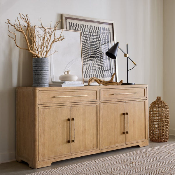Hooker Furniture Retreat Buffet With Travertine Top And Dune Oak Veneer, 80" Wide Sideboard With Soft Pewter Pulls 6950-75900-80