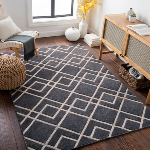 Surya Eloquent 2' X 3' Handmade Area Rug - Luxurious Viscose & Leather Blend, Modern High/Low Design Black Viscose,Hair On Hide Elq2305-23