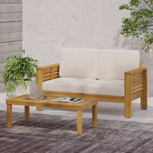 English Elm Christopher Knight Home® - Teak Acacia Wood Loveseat & Coffee Table Set with Water-Resistant Cream Cushions, Durable Outdoor Retreat 70844.00