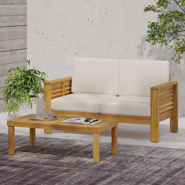 English Elm Christopher Knight Home® - Teak Acacia Wood Loveseat & Coffee Table Set with Water-Resistant Cream Cushions, Durable Outdoor Retreat 70844.00