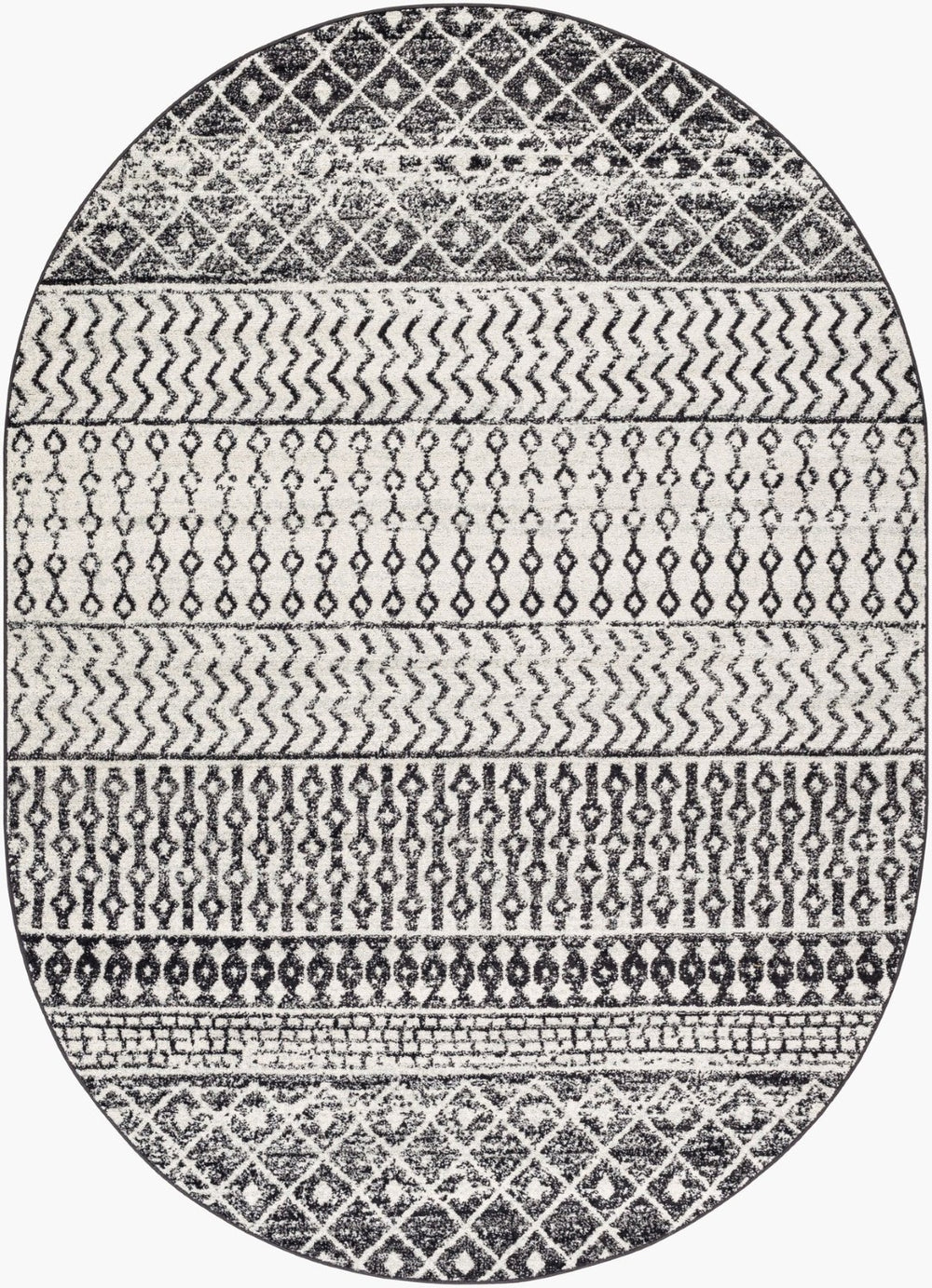 Livabliss Elaziz Moroccan Geometric Area Rug Machine Woven Polypropylene for Living Dining Bedroom Black, Light Gr 6'7" x 9' Oval ELZ2307-679OV
