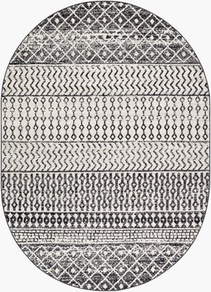 Livabliss Elaziz Moroccan Geometric Area Rug Machine Woven Polypropylene for Living Dining Bedroom Black, Light Gr 6'7" x 9' Oval ELZ2307-679OV