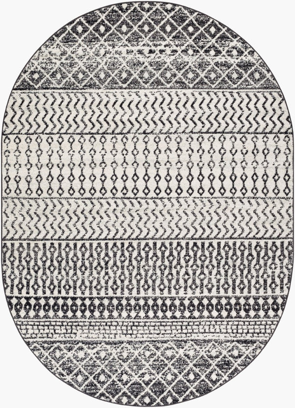Livabliss Elaziz Moroccan Geometric Area Rug Machine Woven Polypropylene for Living Dining Bedroom Black, Light Gr 6'7" x 9' Oval ELZ2307-679OV