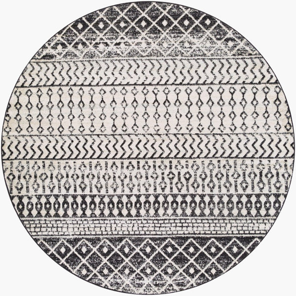 Livabliss Elaziz Moroccan Geometric Area Rug Machine Woven Polypropylene for Living Dining Bedroom Black, Light Gr 7'10" x 7'10" Round ELZ2307-710RD