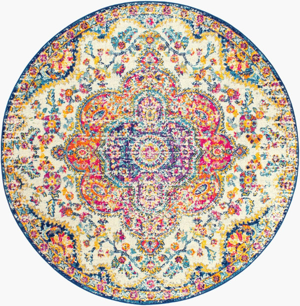 Livabliss Elaziz Geometric Turkish Style Machine Woven Polypropylene Rug for Entryway or Bedside Fuchsia, Mustar 6'7" x 6'7" Round ELZ2335-67RD