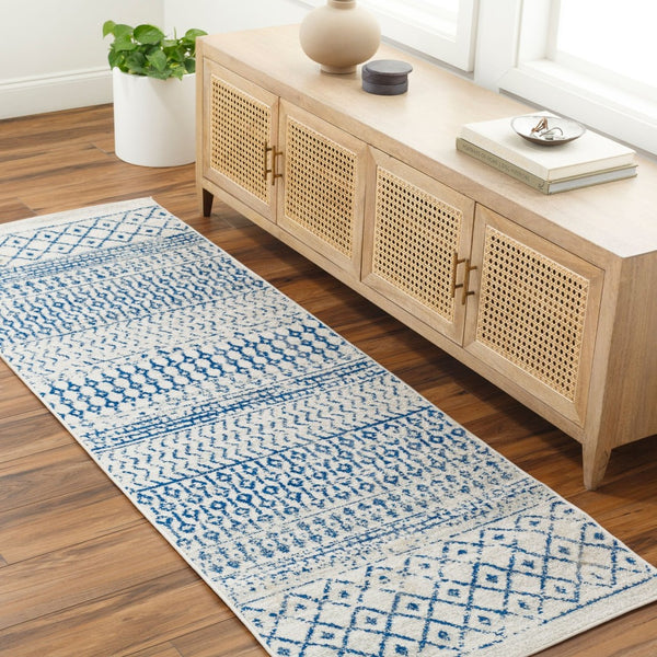 Livabliss Elaziz Machine Woven Moroccan Global Pattern Polypropylene Rug for Living Rooms Cream, Dark Blu 2'7" x 10' ELZ2368-2710