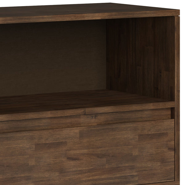 English Elm Chase Rustic Natural Aged Brown Low Bookcase – Solid Acacia Wood, 2 Open Compartments & 2 Drawers B136P160672