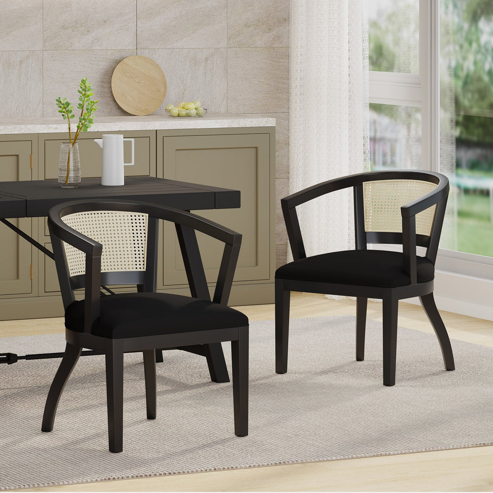 English Elm Christopher Knight Home® - DINING Velvet Upholstered Cane Web Backing Chair Set of 2 in Black – Traditional Rubberwood Frame Elegance 74107.00RUBBLKV