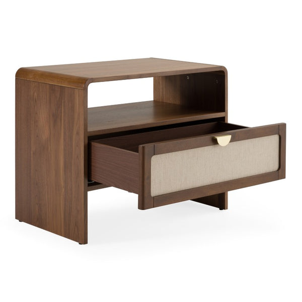 VIG Furniture Emilio Modern Natural Burlap Nightstand With Walnut Finish, Soft-Close Drawer & Gold Accents VGMA-BR-177-NS