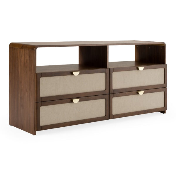 VIG Furniture Emilio Modern Natural Burlap & Walnut Dresser With Soft-Close Drawers, Gold Pulls, Open Shelves VGMA-BR-177-DRS