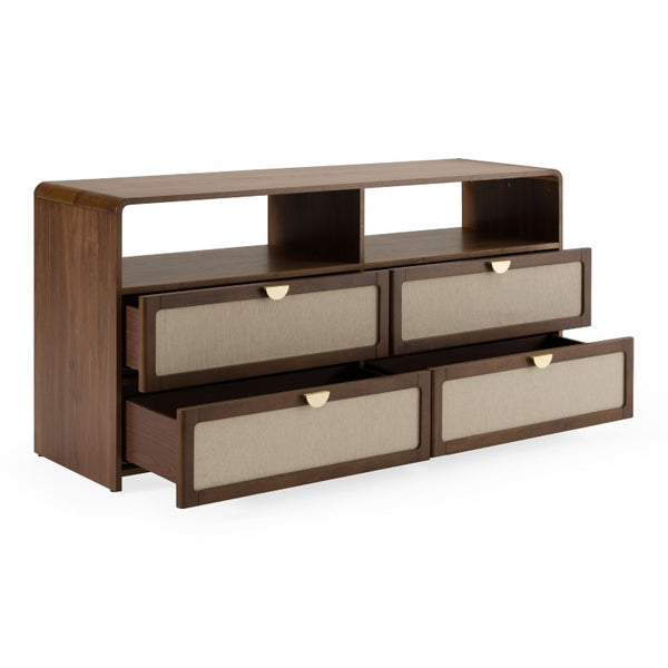 VIG Furniture Emilio Modern Natural Burlap & Walnut Dresser With Soft-Close Drawers, Gold Pulls, Open Shelves VGMA-BR-177-DRS