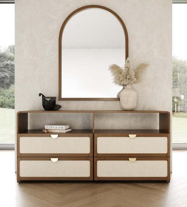 VIG Furniture Emilio Modern Natural Burlap & Walnut Dresser With Soft-Close Drawers, Gold Pulls, Open Shelves VGMA-BR-177-DRS