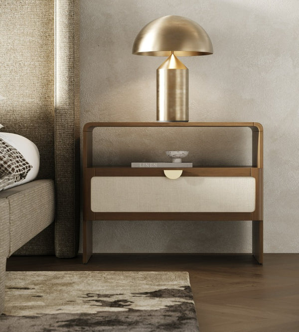 VIG Furniture Emilio Modern Natural Burlap Nightstand With Walnut Finish, Soft-Close Drawer & Gold Accents VGMA-BR-177-NS