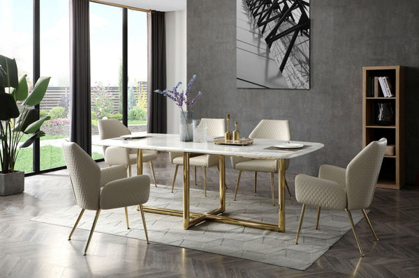VIG Furniture Empress Hex Back Dining Chair With Textured Cream Leather & Champagne Gold Legs, Fully Assembled VGVCB1908