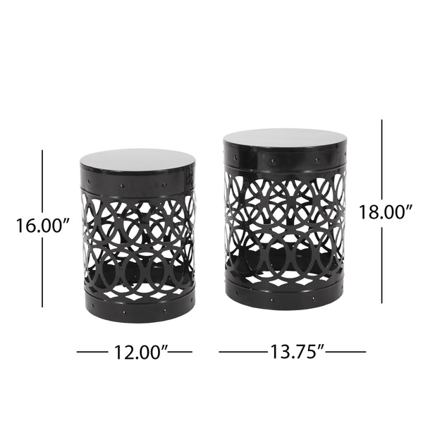 English Elm Outdoor Powder-coated Iron Nesting Accent Tables Set of 2 Laser-cut Circle Design Black 73606.00BLK