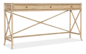 Hooker Furniture Retreat Coastal Rattan Console With Dune Finish, Rope Trim, X-Stretchers & 3 Soft-Close Drawers Light Wood 6950-80171-80