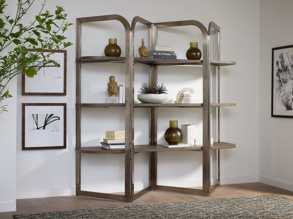 Hooker Furniture Modern Mood Etagere Sculptural Room-Divider With Wire-Brushed Quartered Oak Shelves And Pewter Frame, Airy Contemporary Storage And Display (82.25" H) Medium Brown 6850-10445-89