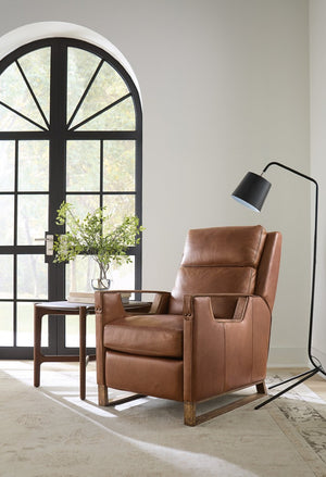 Hooker Furniture Relic Taupe Semi-Aniline Leather Power Recliner With Usb, Adjustable Headrest, Bustle Back & Wood Base Brown RC810-PH-082