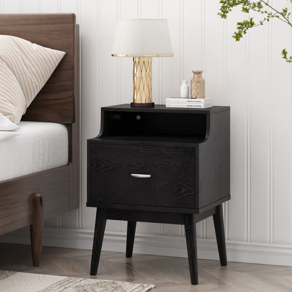 English Elm Christopher Knight Home® - DISA Mid-Century 1-Drawer Nightstand in Black Faux Wood with Splayed Legs, Silver Pull, Compact Storage 71156.00BLK