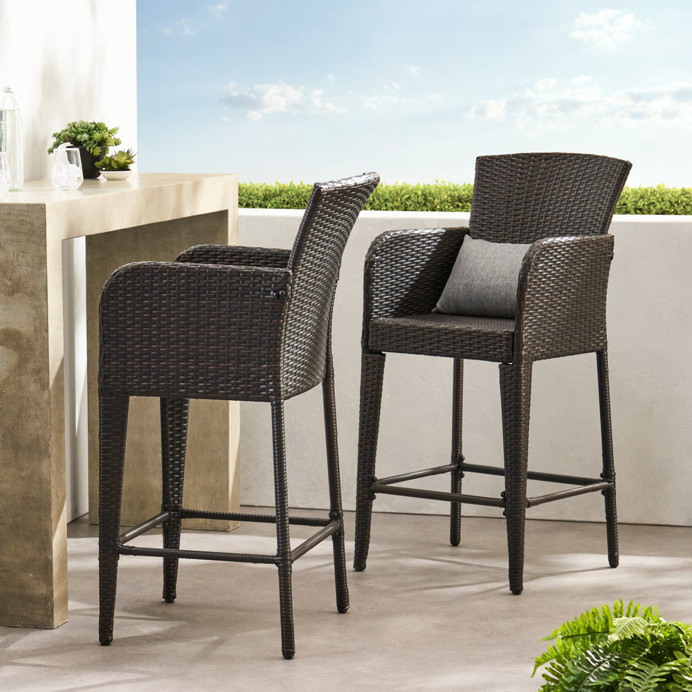 English Elm Christopher Knight Home® - ANAYA Outdoor Wicker Barstool Set of 2 — Weatherproof PE Wicker with Powder-Coated Iron Frames Brown 58896.00