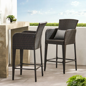 English Elm Christopher Knight Home® - ANAYA Outdoor Wicker Barstool Set of 2 — Weatherproof PE Wicker with Powder-Coated Iron Frames Brown 58896.00