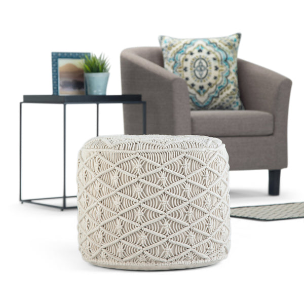 English Elm Coates Round Macrame Pouf in Natural White - Handcrafted Cotton, Supportive Polystyrene Fill, Versatile Accent Seat B136P159319