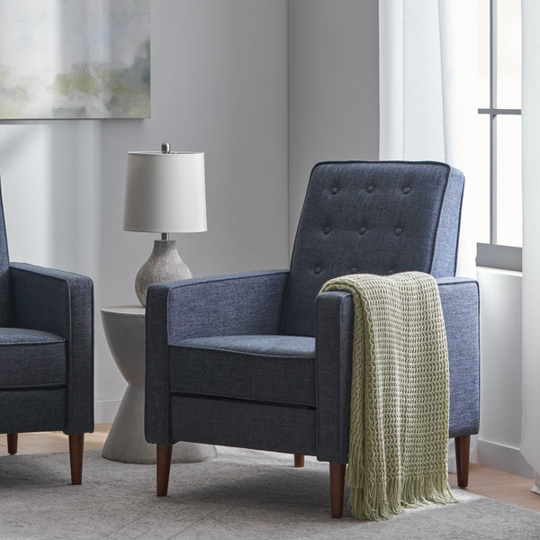 English Elm Christopher Knight Home® - Fabric Recliner Chair Mid-Century Modern Pushback Single Sofa with Tufted Cushion, Birch Legs, Cozy Comfort Dark Blue 60741.00DBL
