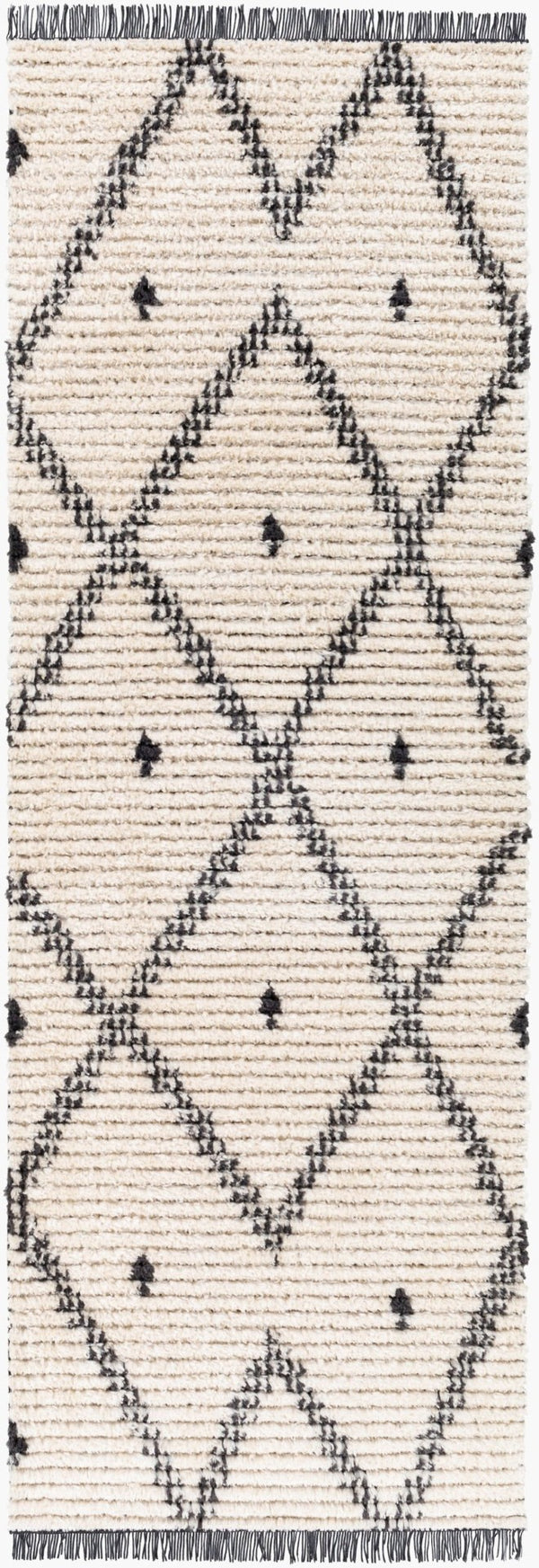 Livabliss Enzo Moroccan Geometric Runner Rug High Pile Polyester Fringe Hallway Entryway Accent Black, Cream 2'7" x 7'3" ENZ2301-2773