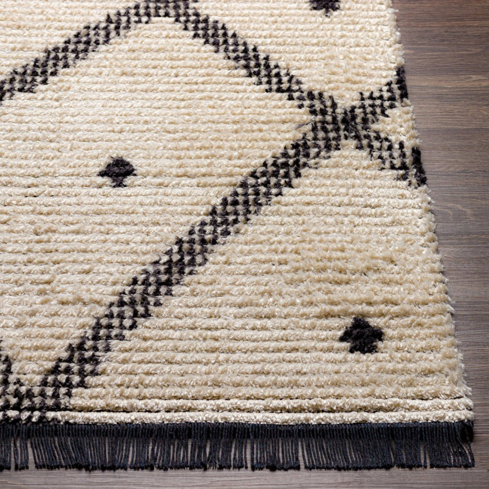 Livabliss Enzo Moroccan Geometric Runner Rug High Pile Polyester Fringe Hallway Entryway Accent Black, Cream 5'3" x 7' ENZ2301-537