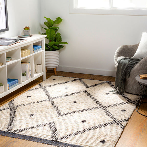 Livabliss Enzo Moroccan Geometric Runner Rug High Pile Polyester Fringe Hallway Entryway Accent Black, Cream 5'3" x 7' ENZ2301-537