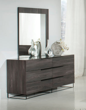 VIG Furniture Enzo Italian Modern Grey Oak Dresser With Black Glass Top, 6 Soft-Close Drawers, Sculptural Design VGACENZO-DRS