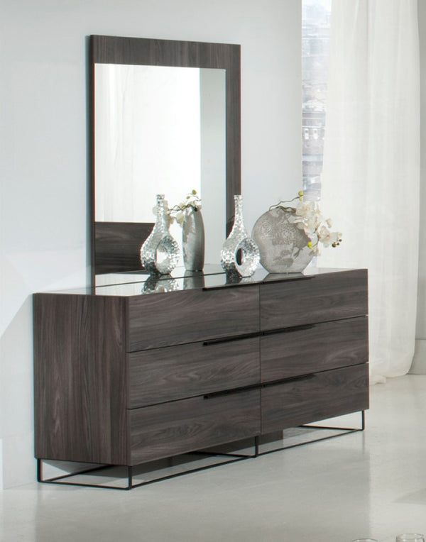 VIG Furniture Enzo Italian Modern Grey Oak Dresser With Black Glass Top, 6 Soft-Close Drawers, Sculptural Design VGACENZO-DRS