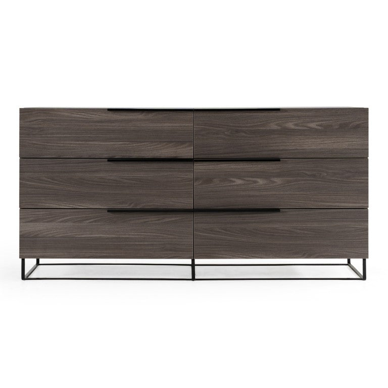 VIG Furniture Enzo Italian Modern Grey Oak Dresser With Black Glass Top, 6 Soft-Close Drawers, Sculptural Design VGACENZO-DRS