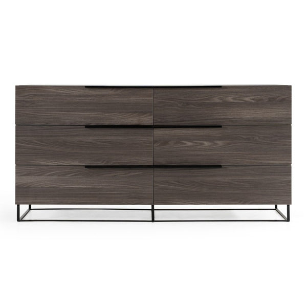 VIG Furniture Enzo Italian Modern Grey Oak Dresser With Black Glass Top, 6 Soft-Close Drawers, Sculptural Design VGACENZO-DRS
