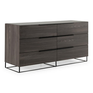 VIG Furniture Enzo Italian Modern Grey Oak Dresser With Black Glass Top, 6 Soft-Close Drawers, Sculptural Design VGACENZO-DRS