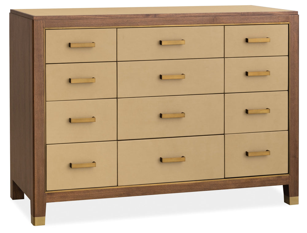 Hooker Furniture Melange Zurich 12 Drawer Chest Walnut Veneer Ivory Leather Brass Hardware Bedroom 628-90011-05