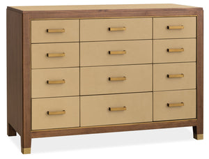 Hooker Furniture Melange Zurich 12 Drawer Chest Walnut Veneer Ivory Leather Brass Hardware Bedroom 628-90011-05