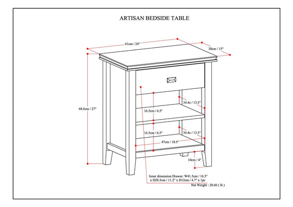 English Elm Artisan Russet Brown Bedside Table - Handcrafted Solid Wood, Drawer & Shelf, Transitional Design B136P159475