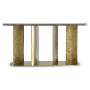 Bernhardt Trost Dorado Gold Metal Console Table with Bracken Mahogany Top — Sculptural Turned Pillars, Sleek Silhouette 347917