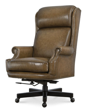 Hooker Furniture Tucker Executive Swivel Tilt Chair With Semi-Aniline Top-Grain Leather, Winged Headrest & Tilt Mechanism Brown EC841-078