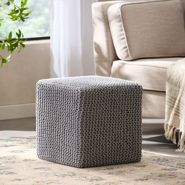 English Elm Christopher Knight Home® - KNITTED Foot Stool with Handcrafted Cotton Cover, Compact 17" Cube, Sturdy Versatile Accent Seat LIGHT GREY 62665.00LGRY